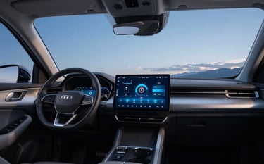 A wide-angle interior car shot at dusk focusing on a sharp, clear infotainment screen. The lighting is sky blue, highlighting the modern, efficient interface.