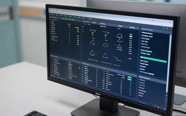 A high-angle photograph of a data-intensive dashboard on a sleek monitor within a modern hospital command center. The lighting is crisp, emphasizing clean lines and technological precision in a professional North American medical setting. Deep navy and light gray tones.