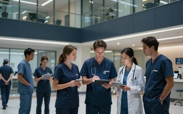 A wide shot of a professional clinical team in a North American medical facility reviewing high-precision data on a tablet. The architecture is modern and glass-walled, with a color palette of deep navy and muted blue. The atmosphere is collaborative and professional.