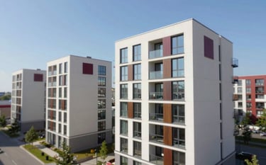 A high-angle shot of a clean, modern Scandinavian-style apartment complex with large windows and wooden accents under a clear blue sky. The lighting is bright and natural, reflecting the professional and premium aesthetic of CrownAssetCare. Subtle hints of deep crimson and forest green in the architectural details.