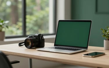 A professional workspace setup in a Hudson Valley studio, with a high-end camera and laptop on a clean desk surrounded by forest greenery visible through a window. The aesthetic is premium and calm, using deep green (#213D2F) and warm beige (#F8F4EE) colors.