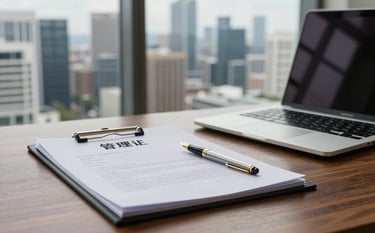 A clean, modern workspace with a blurred view of a major Australian city skyline. On a mahogany desk sits a professional migration legal folder, a gold fountain pen, and a high-end laptop, reflecting a professional and authoritative legal atmosphere, East Asian / Chinese professional environment.