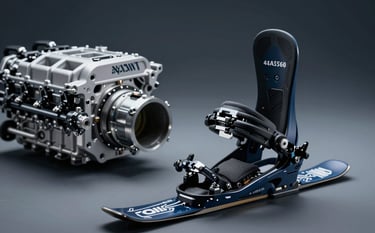 A composite image showcasing industrial nylon applications: a sleek automotive engine component and a professional sports ski binding. The lighting is dynamic and authoritative, using #4A5562 and #1E272E shades to convey technical reliability and sophisticated engineering.
