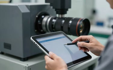 A crisp photograph focusing on a professional's hands using a tablet to conduct a safety inspection. The background features a clean factory with dark slate grey machinery.