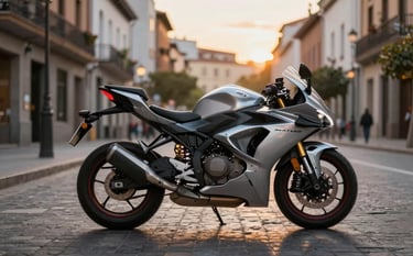 A sleek silver urban motorcycle parked on a modern cobblestone street in Madrid, evening golden hour lighting, cinematic style, Southern European architecture in the blurred background, focusing on the bike's metallic details.