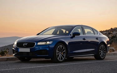 A dark blue premium sedan parked on a scenic Spanish road at sunset, metallic reflections on the car body, professional photography, cinematic lighting, rule of thirds composition.