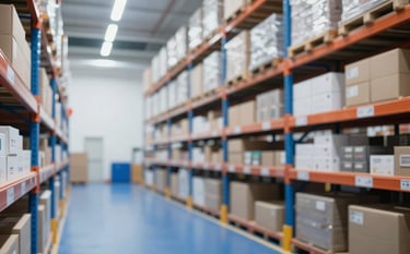 An interior shot of a clean, high-tech, and organized warehouse. Tall shelving units with neatly stored boxes. Bright LED lighting, white walls, and blue floors or accents matching #292860. Professional and high-capacity aesthetic.