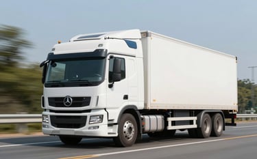 A professional image of a modern logistics truck with clean lines driving on a highway. The truck body is white with minimalist blue accents (#292860). Bright daylight, dynamic yet stable composition, conveying efficiency and reliability.