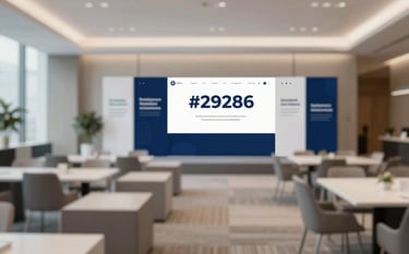 A wide-angle, professional shot of a modern corporate event setup. The scene includes sleek furniture, professional lighting, and a clean atmosphere. Incorporate the brand colors through subtle room accents like lighting or banners in #292860 and #FFFFFF. High-end, sharp focus, reliable vibe.