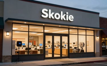 A clean, modern commercial storefront in Skokie, Illinois, with professional lighting installed by experts. The shot captures the warm, welcoming interior glow at dusk, emphasizing reliable North American urban electrical craftsmanship.