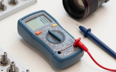 Close-up of a high-quality multimeter and specialized tools used by an experienced electrician in a clean, modern North American workspace. The color palette features light blue and dark blue accents against an off-white background.