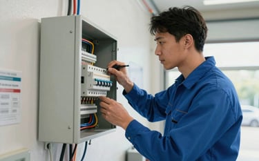 A professional electrician in a medium blue uniform carefully inspecting a modern circuit breaker panel in a brightly lit North American garage. The style is clean, sharp photography with soft natural lighting and a sense of meticulous attention to detail.