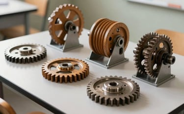 An artistic and clean photograph of a series of wooden pulleys and metallic gears arranged on a white table in a bright North American / US classroom. The composition is structured and academic, with daylight hitting the soft off-white surfaces and creating soft shadows. The overall tone is innovative and intellectual.