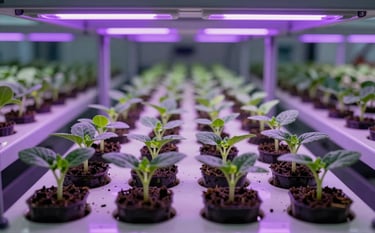 A series of young green seedlings growing in neat rows of pots under professional purple grow lights in a modern North American / US research greenhouse. The lighting creates a vibrant scientific atmosphere, with dark slate green leaves contrasting against the pale grey laboratory surfaces.