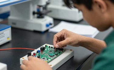 A close-up photograph of a student in a North American / US high school laboratory environment carefully assembling a complex electronic circuit on a breadboard. The scene features soft lighting, blurred laboratory equipment in the background, and focuses on the precision of the hands. The palette includes accents of muted forest green and pale steel blue from the lab equipment.