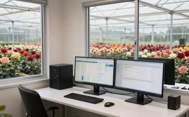 A clean, modern office interior within a South American floral farm, featuring a desk with multiple monitors displaying data dashboards and a window looking out onto vast rows of colorful roses under a greenhouse structure. Bright morning light, professional and high-tech atmosphere, photography style.