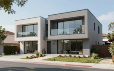 A completed modern residential extension with large glass windows and clean grey finishes (#BDBDBD). The architecture is minimalist and professional. The image conveys high quality and trust, featuring a luxury finish in a sunny Uruguayan suburb.