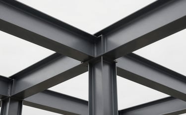 A professional architectural detail of a modern steel structure showing precision engineering. Sharp angles, high-contrast lighting, using tones of #1A1A1A and #BDBDBD to convey strength and modern efficiency. Clean, serious, and professional style.