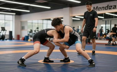 A youthful wrestling training session at Mendoza Fitness. A focus on discipline and strength, clean and modern gym mat setting, professional coaching in the background, colors emphasizing #1A1A1A and #CBB6A5.