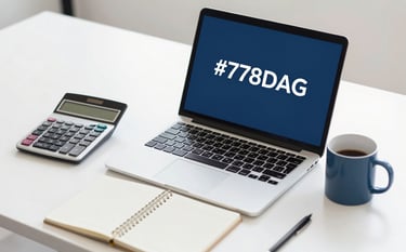 A high-angle professional shot of a modern, clean office desk. A sleek laptop is open next to a silver calculator and a notebook with clean handwriting. The scene is bright and airy, incorporating brand colors #778DA9 in a ceramic mug and #0D1C2E in the laptop casing. Lighting is natural and sharp, conveying efficiency.