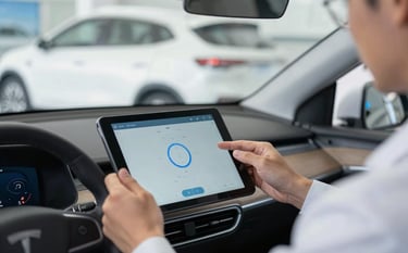A close-up photograph of a technician using a digital tablet connected to a vehicle's dashboard inside a modern North American auto shop. The focus is on the precision electronic equipment used for ADAS recalibration. Clean, professional lighting in Snow White and Sky Blue tones.