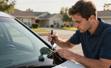 A professional technician in a clean polo shirt repairing a small stone chip on a car windshield using a precision resin tool. The setting is a sunny North American suburban driveway in the afternoon. High-quality photography with soft focus on the residential background.