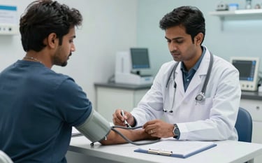 A professional South Asian medical officer checking a patient's blood pressure in a modern clinic. The scene uses a clean steel blue and white color theme, conveying a calm, professional, and trustworthy environment.