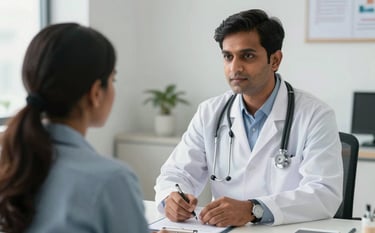 A professional South Asian doctor in a white coat and stethoscope conducting a clinical consultation with a patient in a bright, modern medical office in Dhaka. The scene is clean and trustworthy with soft natural lighting and a steel blue and white color palette.