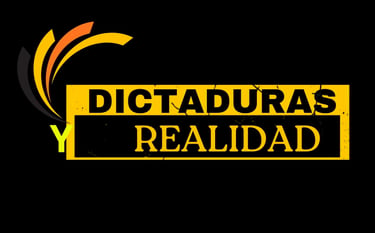 Dictaduras y Realidad logo with yellow and black text and a curved graphic on a black background.