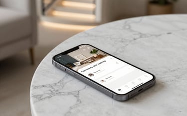 An elegant smartphone resting on a marble table showing a smart home lighting app with a 'Sacramento Stair Lighting' profile, with a beautifully lit curved staircase in the background. High-end, tech-integrated lifestyle shot.