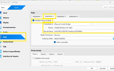 Aba de configurações de rede do VirtualBox com o adaptador 2 em modo bridge para o OPNsense.