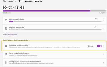 Limpeza Automática com o Sensor de Armazenamento
