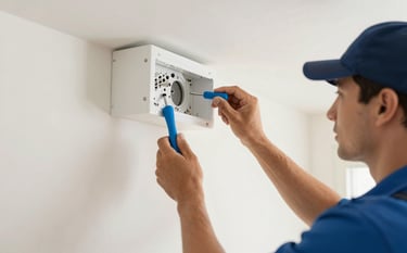 A close-up photograph of a professional electrician in a clean North American / US home installing a modern lighting fixture. The scene is bright and crisp, featuring off-white walls and bright blue tools, conveying reliability and modern efficiency.