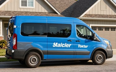 A sharp, clear photograph of an electrician's professional service van with bright blue and dark slate grey branding parked outside a North American / US suburban home. The morning light is clean and suggests prompt, professional service.