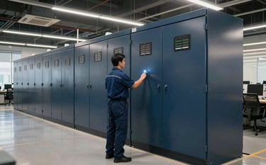 A wide-angle professional photograph of a technician inspecting a large electrical panel in a modern North American / US office complex. The lighting is authoritative and efficient, with deep navy blue and dark slate grey industrial elements.