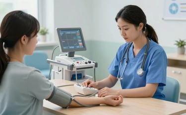 A healthcare professional checking blood pressure for an adult patient in a modern, well-lit European day care center setting, professional equipment, medium blue and pale blue color palette.