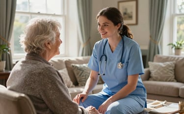 A supportive nurse in a light blue tunic conversing warmly with an elderly resident in a beautifully maintained British care home lounge, sunlight streaming through windows, calm and reliable atmosphere.