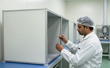 A professional technician in a white cleanroom suit inspecting a sleek modular partition wall in a South Asian / Indian industrial facility. The environment is sterile with bright Off-white walls and polished Steel Blue surfaces. High-precision photography, bright lighting.