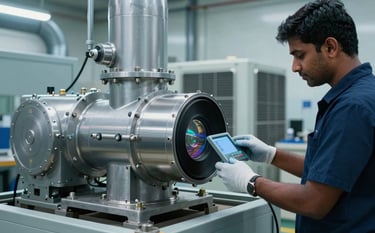 Industrial HVAC system components and an Air Handling Unit being calibrated by professionals in a South Asian / Indian factory setting. The machines are heavy-duty silver and steel. Clean and technologically advanced atmosphere, Soft Light Blue and Deep Navy tones.