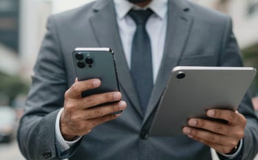 Close-up photography of a professional in business attire in a South American urban setting, coordinating tasks on a high-end smartphone and digital tablet. Sophisticated lighting, focus on technology and efficiency. Palette includes muted blue-grey and light grey.