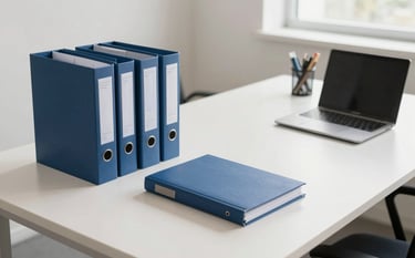 Photography of a clean, minimalist administrative desk in a South American modern office. Features organized physical folders, a sleek laptop, and stationary. Bright, natural morning light, clean lines, professional and efficient atmosphere. Palette includes off-white and dark blue.
