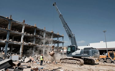 A wide shot of a large-scale industrial demolition site managed by Andrew Horan. A modern high-reach excavator is positioned next to a partially dismantled steel structure. The atmosphere is professional and busy, with dust control measures in place. Colors include deep blues and steel grays from the #1A2C3D and #4C6A7F palette. Realistic urban daylight.