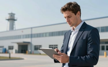 Andrew Horan standing on an industrial site, viewed from a slight low angle to project authority. He wears professional gear and is reviewing digital project plans on a tablet. The background shows a clean, modern industrial facility. Lighting is professional and cinematic, using the #1A2C3D and #F5F8FA tones.