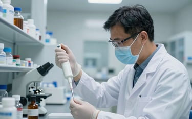 Professional photography of a scientist in a white lab coat using a pipette in a sterile, modern pharmaceutical laboratory with blue and white accents, North American / Global setting.
