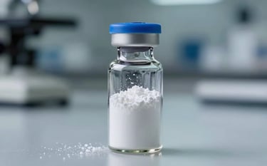 Macro photography of a clear glass vial containing white lyophilized powder, sealed with a blue cap, on a reflective surface in a professional North American / Global laboratory.