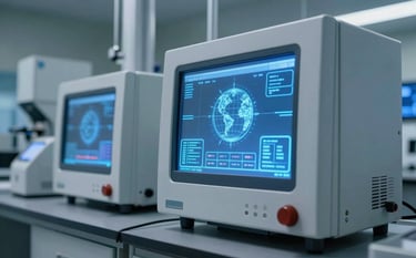 High-tech laboratory equipment with glowing digital screens and blue lighting in a sophisticated North American / Global pharmaceutical research facility.