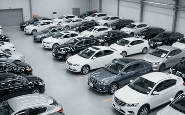 A high-angle professional shot of a spacious, organized Japanese car warehouse with rows of high-quality used sedans and SUVs. The lighting is clean and industrial, featuring a color palette of #F8F9FA and #405D7C accents, emphasizing reliability and scale.