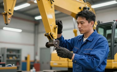 A focused close-up of a professional mechanic in blue overalls repairing a heavy-duty yellow construction crane in a clean workshop. The atmosphere is one of expertise and precision, using deep shadows and highlights of #405D7C and #A5BCCF.