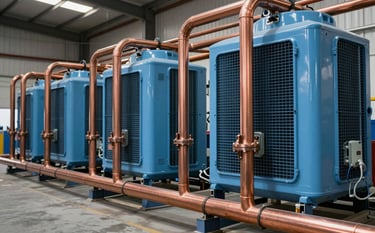 Industrial refrigeration equipment inside a Latin American / Spanish warehouse. The composition focuses on professional copper piping and sky blue cooling units. The style is modern, architectural, and conveys heavy-duty reliability with dark navy accents.