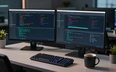 A high-performance software development station in a North American tech hub, featuring dual monitors with complex code, a mechanical keyboard, and a sleek coffee mug, moody professional lighting with Light Mint and Dark Navy tones.